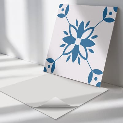 Wallfluent Vinyl Tegels - Bloemenpatroon met Bladeren Zelfklevende PVC Tegels - 30 cm x 30 cm - Blauw Vinyl Tegels - Verpakking van 9 stuks - Vierkant PVC Tegels - Bloemen en Planten Plaktegels - Vinyl Vloer Tegels - Plaktegels Keuken en Badkamer
