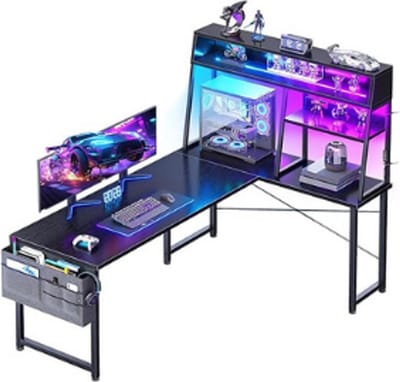 Bureau-Gamingbureau- Met LED-L-vormig-Reversibel Gamerbureau met Planken-Hörnbureau met Opbergtas en Haak voor Gamers-150x100cm-ZWART.