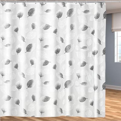 Douchegordijn voor de badkamer - 100% PEVA waterdicht en schimmelwerend | Snel drogend | Wasbaar douchegordijn - Inclusief gordijnhaken - 180 x 180 cm (witgrijze bladeren)
