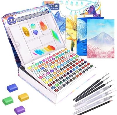 Premium Aquarelverf Set met 120 Kleuren in Draagbare Doos - Inclusief Borstels en Aquarelpapier