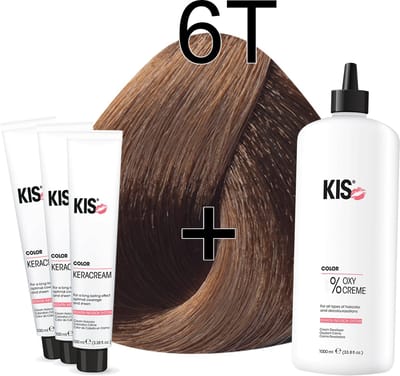 Kis KeraCream Color - 100ml - Haarverf Set - 6T Middel tabak | KIS - (3 x haarverf & 1L waterstofperoxide)