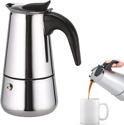 Roestvrijstalen mokkapot – Maximale breedte 9,7 cm, maximale hoogte 19,8 cm – Geschikt voor inductiekookplaten – Espressomachines – Koffiezetapparaten – Mokkapotten – Klassieke achthoekige espressopot.