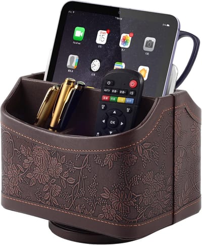 SnelShoppen - 360° Draaibare Afstandsbedieninghouder, PU-leer Organizer met 5 Vakken, Multifunctionele Nachtkastje en Bureau-organizer, Retro Design v