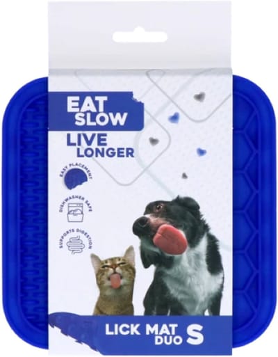 Eat Slow Live Longer Duo Likmat - 15 x 15 cm - Vierkant - Snuffelmat - Anti-schrok Mat - Slowfeeder Honden en Katten - 100% Siliconen - Vaatwasserbestendig - Maat S - Voerpuzzel Kat - Blauw