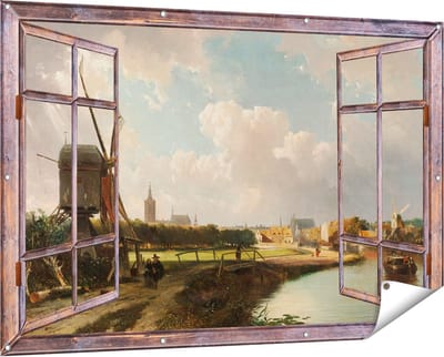 Gards Tuinposter Doorkijk Gezicht op Den Haag vanaf de Delftse Vaart in de Zeventiende Eeuw - Cornelis Springer - 150x100 cm - Tuindoek - Tuindecoratie - Wanddecoratie buiten - Tuinschilderij