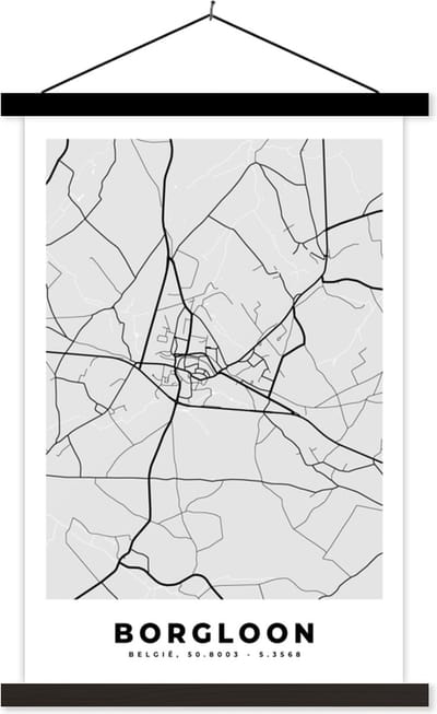 Posterhanger incl. Poster 40x60 cm - Schoolplaat - Stadskaart – Plattegrond – België – Zwart Wit – Borgloon – Kaart - Textielposter - Zwarte latten - Stadskaart