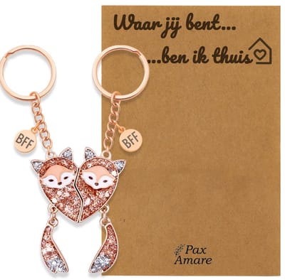 Koppel Sleutelhanger voor 2 'Waar jij bent, ben ik thuis' - Magnetische Vosjes - Sleutelhanger set op Cadeau Kaartje - Rosé Goud - Persoonlijke Hanger - Pax Amare
