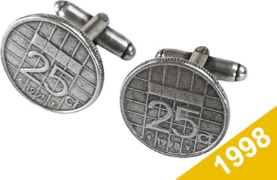 Manchetknopen Kwartje 1998 Verzilverd - Uniek en Stijlvol Sieraad met Jaartal - Cadeau Geboortejaar - Alle Jaartallen Beschikbaar - Doorsnede 1,8 cm