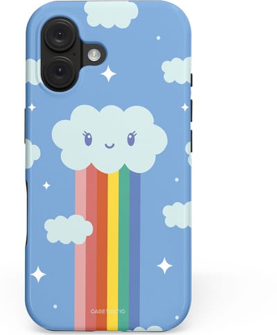 Casetastic hoesje geschikt voor Apple iPhone 16 - MagSafe - Dubbellaagse bescherming - Regenboogwolkje - Fashion Case - Lichtblauw Lichtgrijs