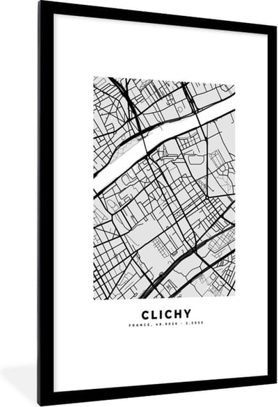 Fotolijst incl. Poster - Stadskaart - Frankrijk - Kaart - Clichy - Plattegrond - 80x120 cm - Posterlijst