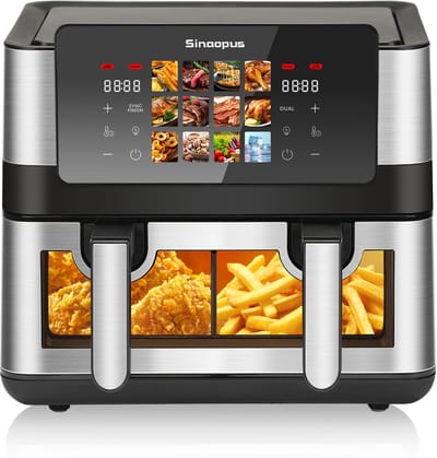 Sinaopus XXL Airfryer 8L 905A – Kijkvenster – Met Dubbele Mand – 12 Kookprogramma’s – Onafhankelijke Snelle Opwarming – Geschikt voor Gezinnen– Eenvoudig te Reinigen – Capaciteit voor 4 tot 5 Personen