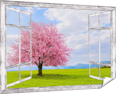 Gards Tuinposter Doorkijk Roze Sakura Bloesem Boom in het Groene Veld - 180x120 cm - Tuindoek - Tuindecoratie - Wanddecoratie buiten - Tuinschilderij