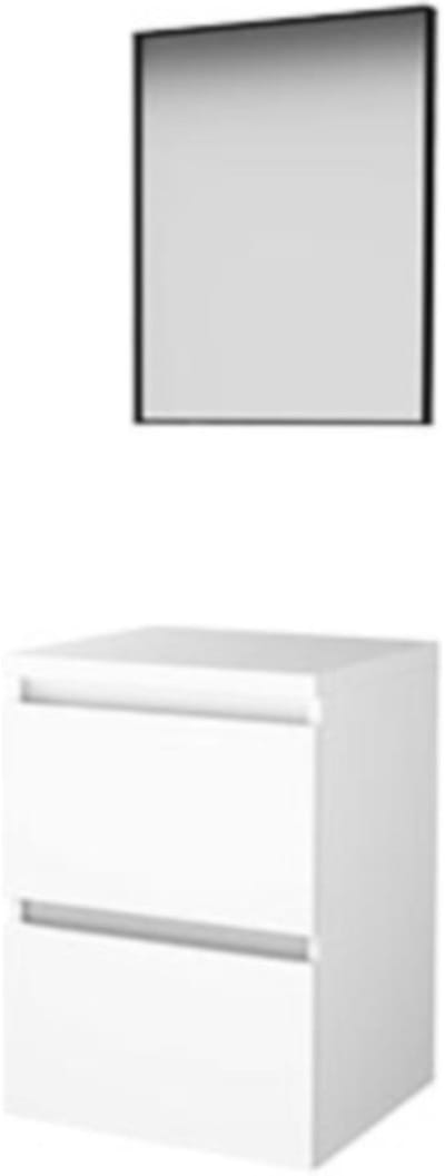Basic-Line Framed 46 Badkamermeubelset - 50 x 46 cm - Greeploos - 2 Lades - Wastafelblad - Spiegel met Zwart Aluminium Frame - Ice White