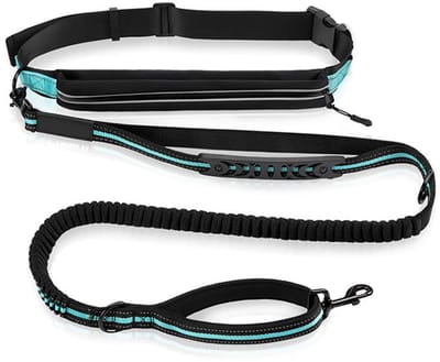 Handsfree Hondenriem voor Hardlopen, Schokdempend Elastische Hondenriem (47"-67"), Reflecterende Hondenlijn met Verstelbare Heupgordel, 2 Handvatten, Telefoonzak, Kan 150 Pond Weerstaan-Blauw