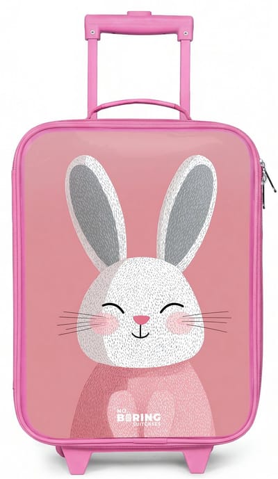 NoBoringSuitcases.com® - Kinderkoffer roze - Kindertrolley meisje - Roze - Konijn - Glimlach - Illustratie - Koffer kind lichtgewicht - Reiskoffer trolley voor kinderen - Koffertje met lichtgevende wieltjes - Rolkoffer