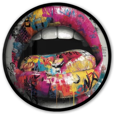 Poster in lijst Rond - Fotolijst 40x40 cm - Posters - Lippen - Graffiti - Expressief - Ronde posterlijst zwart - Decoratie - Wanddecoratie woonkamer - Muurdecoratie slaapkamer