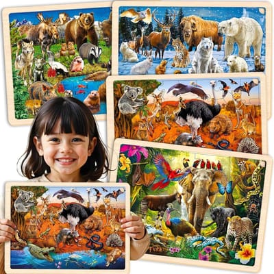Houten Puzzelset 4-in-1 voor Kinderen 3-8 Jaar - 4x36 Stuks Dieren en Natuur