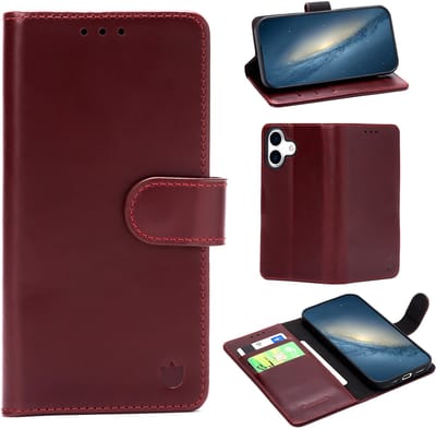 Casemania Echt Leren Hoesje Geschikt voor Apple iPhone 17 - Maroon Red - Leer Book Cover - Portemonnee Telefoonhoesje met Pasjeshouder