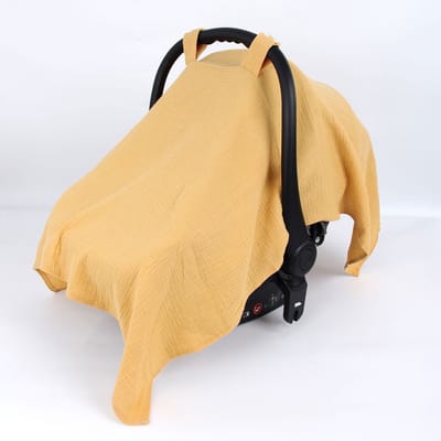 Autostoelhoes voor baby's - Zachte, ademende katoenen mousseline - 85*100 cm - Lichtgewicht luifel voor bescherming tegen zon, insecten en comfort - Past op de meeste kinderwagens en autostoeltjes voor baby's - geel