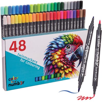 Color by Numb3r 48-Delige Twinmarkers Stiften voor Volwassenen | Geschikt voor Kleuren op Numm3r Kleurboeken | Stiften op Waterbasis | Kleuren op Nummer | Dual Tip Markers | Markeerstiften