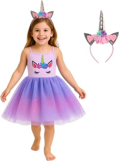 Joya Kids® Paarse Eenhoorn Zomer Verkleed Jurk | Unicorn Jurk kostuum | Prinsessen jurk verkleedjurk + Haarband | Jurk spaghettibandjes | Maat 100 | cadeau meisje