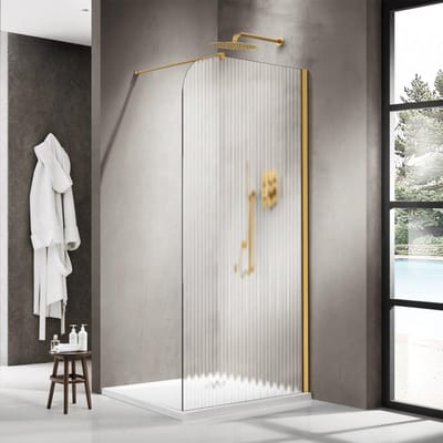 FugaFlow Eccelente Vetro Inloopdouche - 100x200cm - afgeronde glaswand - rechts - ribbel glas - wandarm - geborsteld messing PVD (Goud)