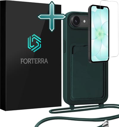 Hoesje Geschikt voor iPhone 17e Case Siliconen Hoes Met Koord Met Screenprotector - Hoes Geschikt voor iPhone 17e Met Telefoonkoord Hoesje Backcover - Donkergroen