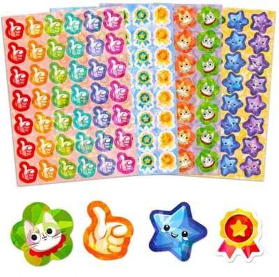 Beloningsstickers 8 vellen met 330 stickertjes - Duim omhoog, Kat, Ster & Rozet - Holografisch effect stickers