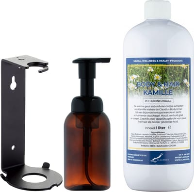Zeepdispenser 300 ml amber bruin hervulbaar + 1 liter Body & Hair Kamille navulling (inclusief beugel)
