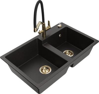 Mexen Tomas granieten spoelbak met 2 koen en keukenkraan Duo, zwart/gouden metallic - 6516-75-671701-57-G