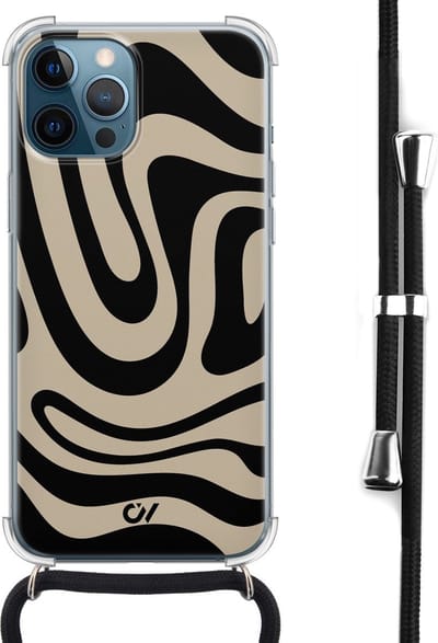 Casevibes - Telefoonhoesje met koord - Geschikt voor Apple iPhone 12 - Abstract Black Waves - Zwart -