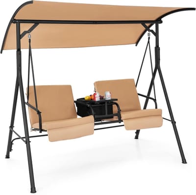 Schommelbank met koeltas - Terrasschommel buiten - Ontspannen in tuin - Verstelbare luifel - 181 x 124 cm - Bruin