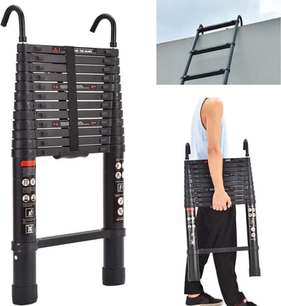 DYNA® Huishoudtrap 12 Treden - Telescopische Trapladder – Uittrekbare Vouwladder – Zwart - 49cm x 13cm x 380cm