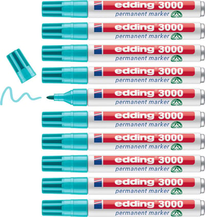 edding 3000 permanent marker - turquoise (blauw) - 10 stiften - ronde punt 1,5-3 mm - sneldrogende permanent marker - water- en wrijfvast - voor karton, kunststof, hout, metaal - universele marker