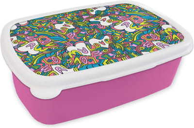 Broodtrommel Roze - Lunchbox - Brooddoos - Meisje - Liefde - Patronen - Love - Girl - Kids - Kinderen - 18x12x6 cm - Kinderen - Meisje
