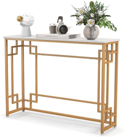 COSTWAY Consoletafel, marmer, goud, ingang, smal, haltafel met geometrisch metalen frame, bijzettafel, 110 x 30 x 81 cm, voor woonkamer, hal, entrée