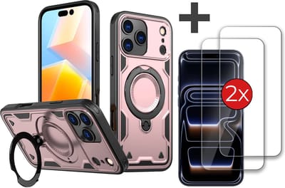 Hoesje Geschikt voor iPhone 17 Pro met 2 Stuks gehard glas Screenprotector - Armor hoes met Ringhouder - Arara backcover - Rosegoud