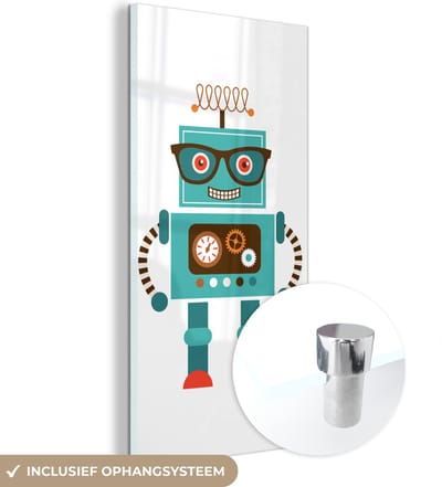 MuchoWow® Glasschilderij 60x120 cm - Schilderij acrylglas - Robot - Bril - Tandwielen - Gezicht - Jongens - Kids - Foto op glas - Schilderijen