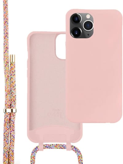 xoxo Wildhearts siliconen hoesje - Geschikt voor iPhone 13 Pro - Siliconen Happy Colors Cord Case - Hoesje met koord - Telefoonhoesje - telefoonkoord - Roze - Regenboog