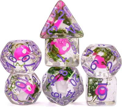 7-delige Polyhedrale Dobbelstenen Set (D&D RPG) - Uniek Ontwerp met Paddenstoel Inclusief