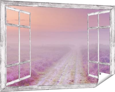 Gards Tuinposter Doorkijk Pad in de Weide tijdens de Mist - 150x100 cm - Tuindoek - Tuindecoratie - Wanddecoratie buiten - Tuinschilderij
