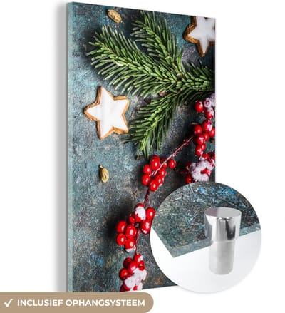 MuchoWow® Glasschilderij 120x180 cm - Schilderij acrylglas - Kerst - Rustiek - Takken - Steranijs - Bes - Rood - Foto op glas - Schilderijen