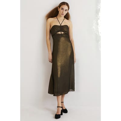 Boden Metallic Halterneck Midi Dress Gld Maat: 16P | Midi Jurken Outlet | Dames | Bruin