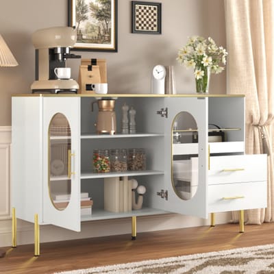 Stijlvol wit sideboard 140x38x90 cm – 2 lades, 2 glazen deuren, gouden details – Ruime opbergkast voor woonkamer, eetkamer & entree
