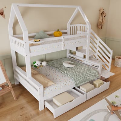Wishdor Kinderstapelbed 90x200/140x200 cm - Dakontwerp & Trapkast - 2 Lades - Wit Hout - Compleet & Speels