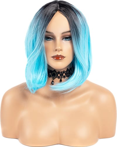 KIMU® Luxe Blauw Zwarte Pruik - Curtain Bangs Pony - Schouderlengte Haarwerk Pony - Lichtblauw Oceaanblauw Zwart Uitgroei Ombré Boblijn Festival