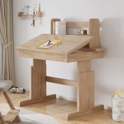 Kinderschrijftafel - Hoogteverstelbaar Met Kantelbaar Blad En Boekensteun - Voor Leren Lezen En Tekenen - Massief Hout - 80x60 Cm - Naturel