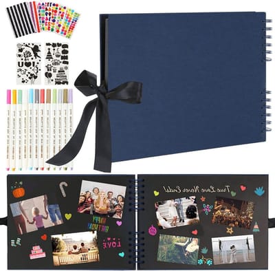 80 Zwarte Pagina’s DIY Vintage Scrapbook - Afstudeercadeau Verjaardagscadeau - Fotoboek Maken met 12 markers pennen (Blauw)
