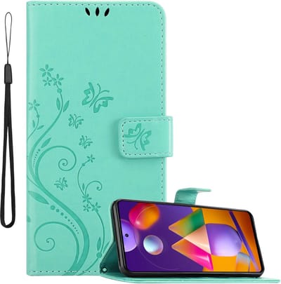 Cadorabo Hoesje geschikt voor Samsung Galaxy M31s in BLOEMEN TURKOOIS - Beschermhoes in bloemmotief met magnetische sluiting, standfunctie en kaartsleuven Book Case Cover Etui