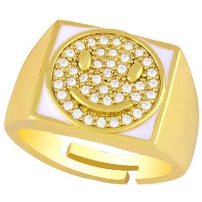 Grote vingerringen met een vrolijk smileygezichtje in snoepkleuren, bezet met zirkonia, verstelbaar, voor dames, delicate trouwsieraden en accessoires. wit